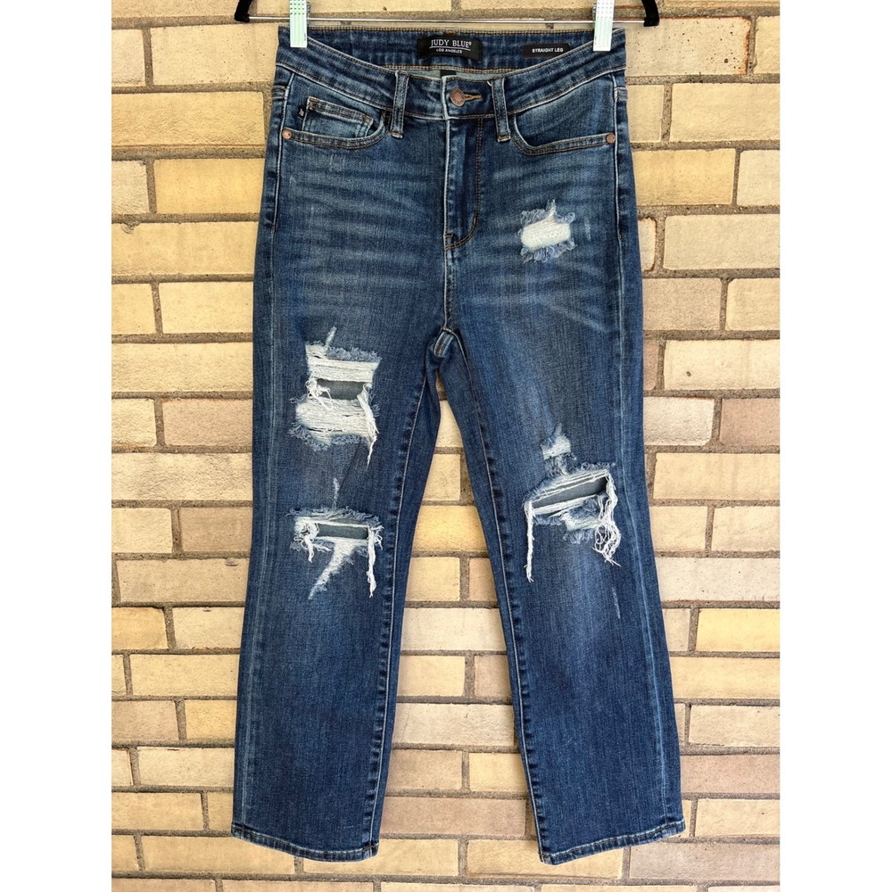 Judy Blue Distressed Straight Leg Jeans Blue Stretch Denim Size 5/27